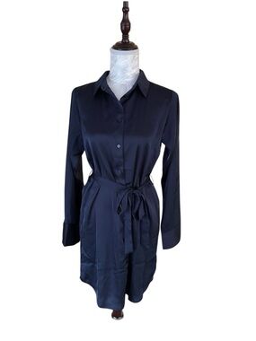 Aqua Satin Shirt Dress with Self-Tie Belt - Navy